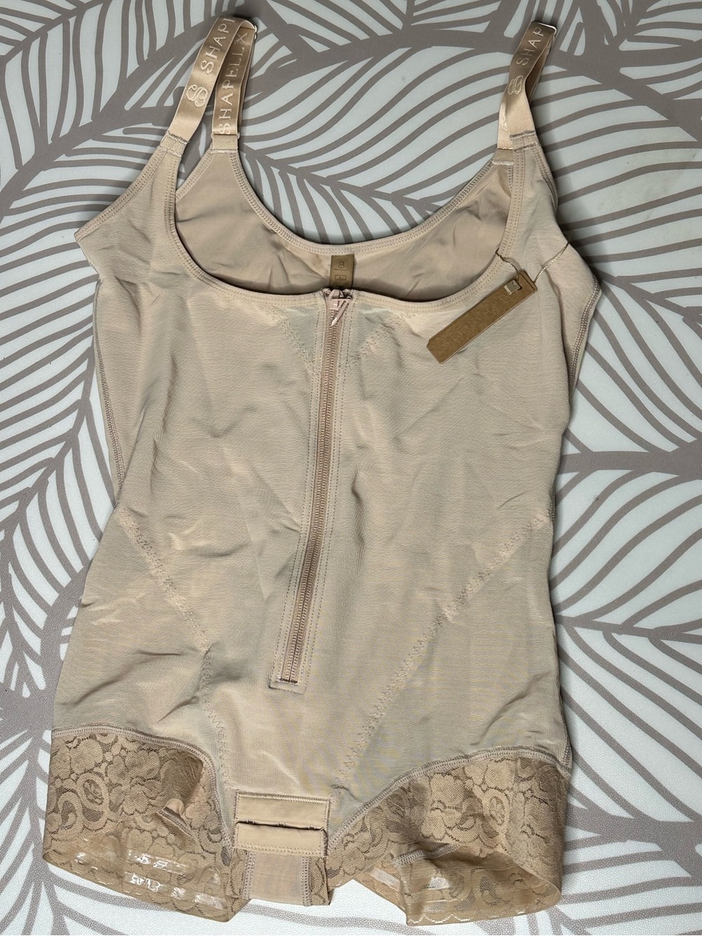 Front-Zip Beige Shaping Cami Bodysuit with Lace Trim
